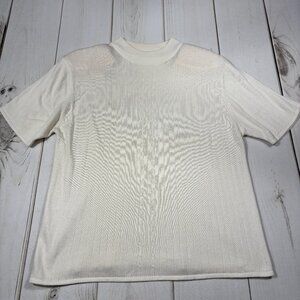 Kim Rogers 1X Short Sleeve Knit Pullover Sweater Cream Shoulder Pads Ribbed Mock